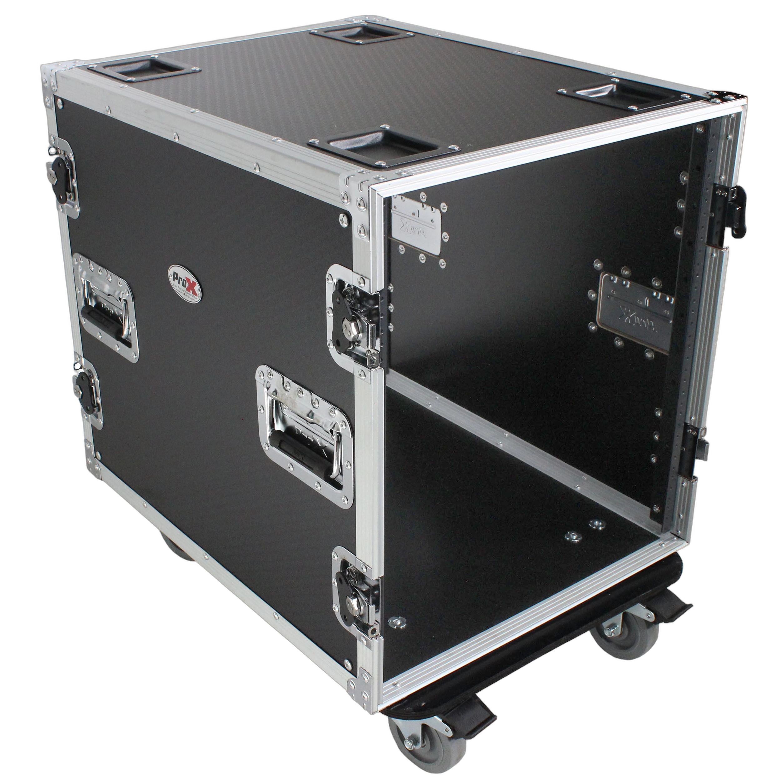 ProX 12U Amp Rack Mount ATA Flight Case Side View ProX 12U space amp rack mount ATA flight case with 24 inch depth and casters, side profile view