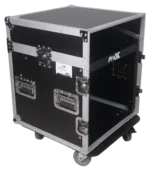 ProX 12U vertical rack mount flight case with caster wheels, mixer and amplifier combo setup
