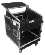ProX 12U vertical rack mount flight case showing laptop shelf and caster wheel detail