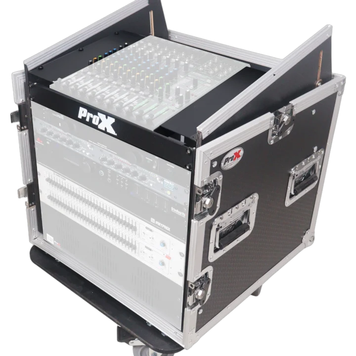 ProX 12U vertical rack mount flight case with caster wheels and top mixer combo amp compartment