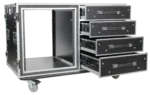 ProX 12U shockproof workstation case with dual side tables and storage drawers in professional studio application