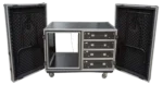 ProX 12U shockproof workstation case with dual side tables and storage drawers, front view