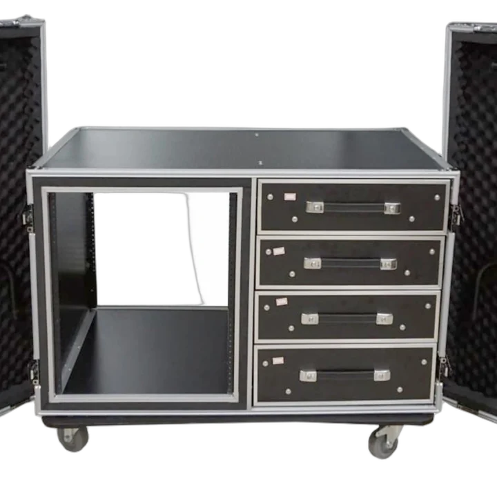 ProX 12U shockproof workstation case with dual side tables and storage drawers, front view