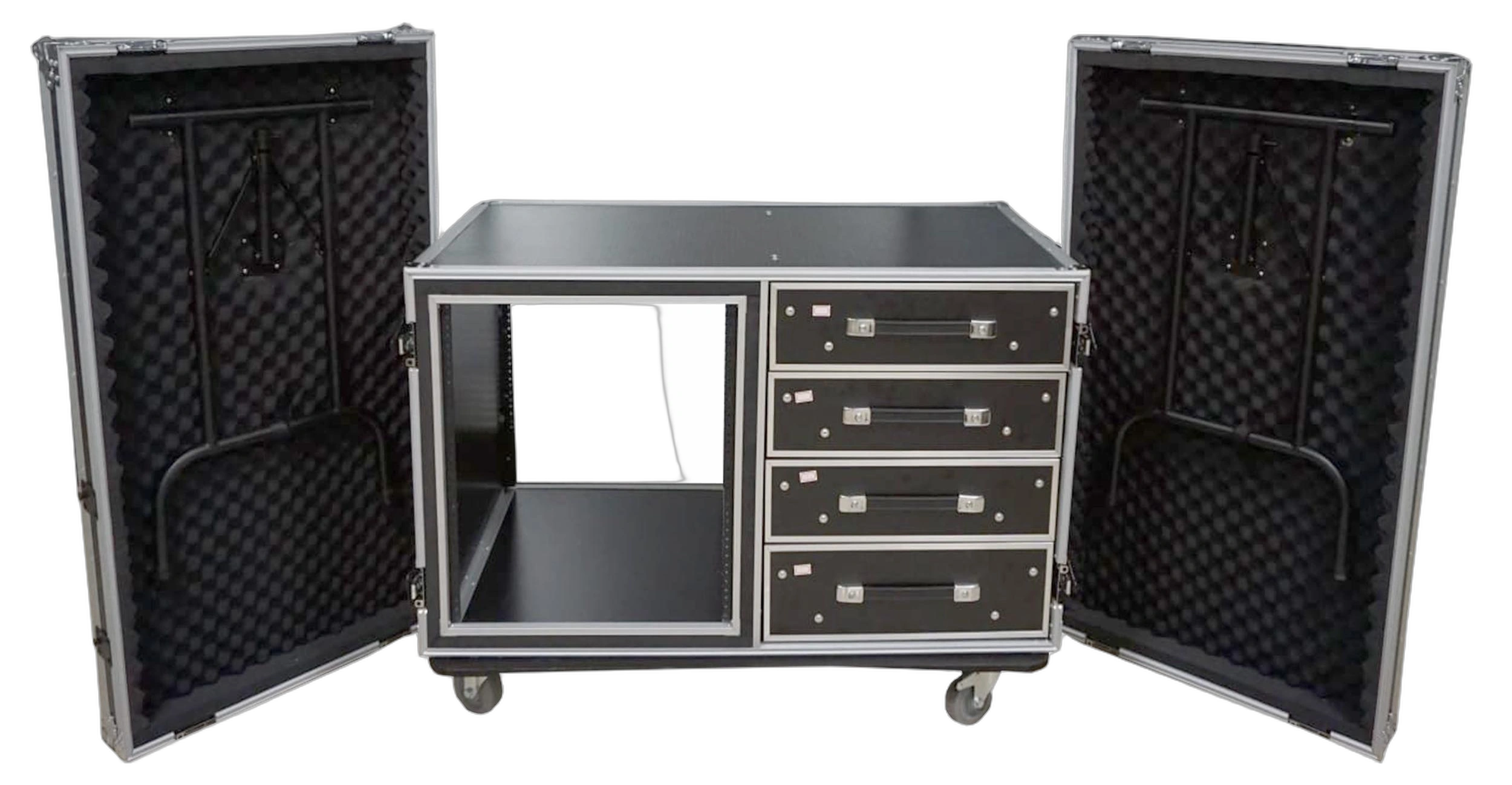 ProX 12U Shockproof Workstation Case with Dual Side Tables ProX 12U shockproof workstation case with dual side tables and storage drawers, front view