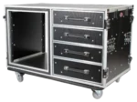ProX 12U shockproof workstation case with dual side table and drawers, side profile view
