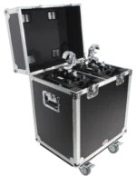 ProX 140 style moving head lighting case with casters, accommodating two units in professional studio setting