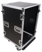 ProX 14U vertical amp rack mount flight case showing caster wheel and locking mechanism detail