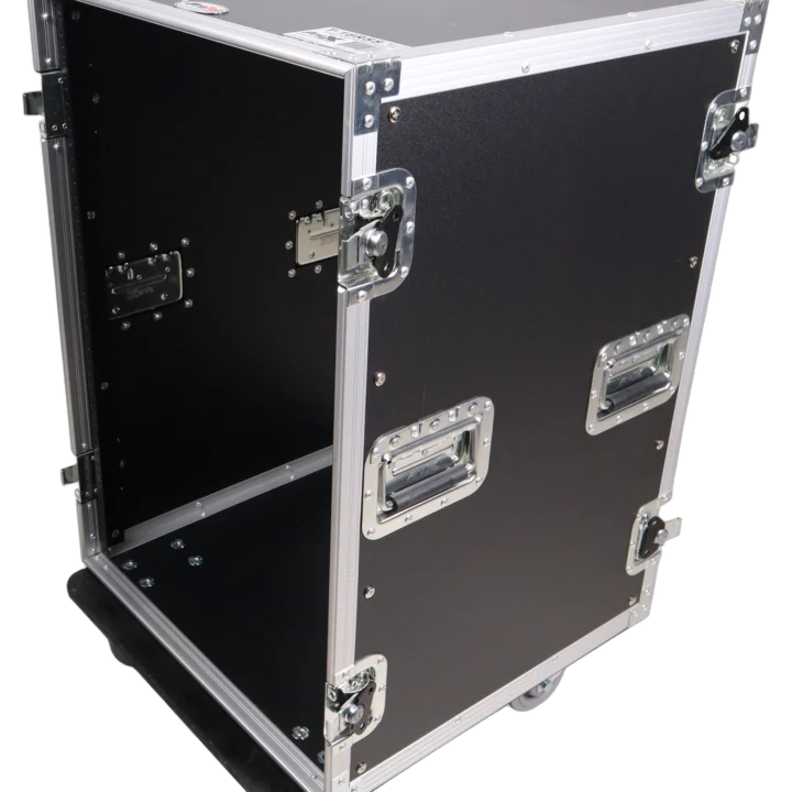 ProX 14U vertical amp rack mount flight case with heavy-duty caster wheels and reinforced corners