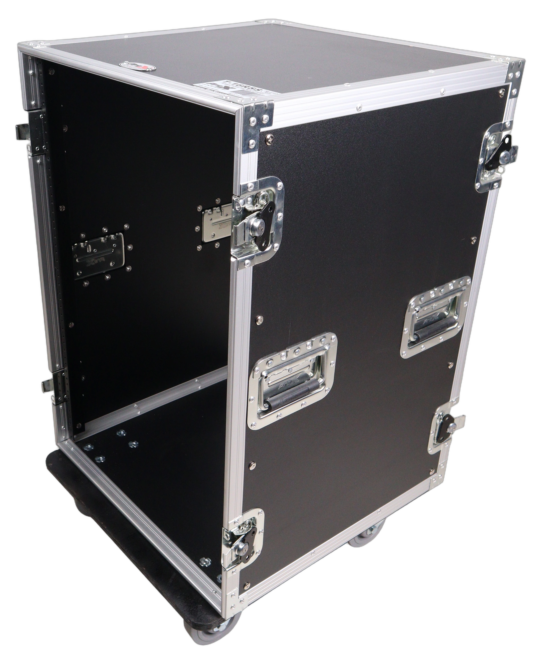 ProX 14U Vertical Amp Rack Mount Flight Case Caster Wheels ProX 14U vertical amp rack mount flight case with heavy-duty caster wheels and reinforced corners