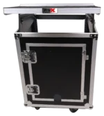 ProX 14U vertical rack mount flight case with mixer combo amp setup, laptop shelf, and caster wheels