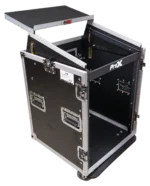 ProX 14U vertical rack mount flight case showing laptop shelf and caster wheel detail