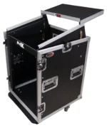 ProX 14U vertical rack mount flight case with 10U top mixer combo amp rack, laptop shelf, and caster wheels side view