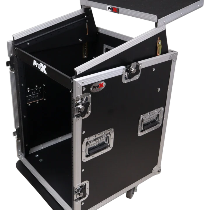 ProX 14U vertical rack mount flight case with 10U top mixer combo amp rack, laptop shelf, and caster wheels side view