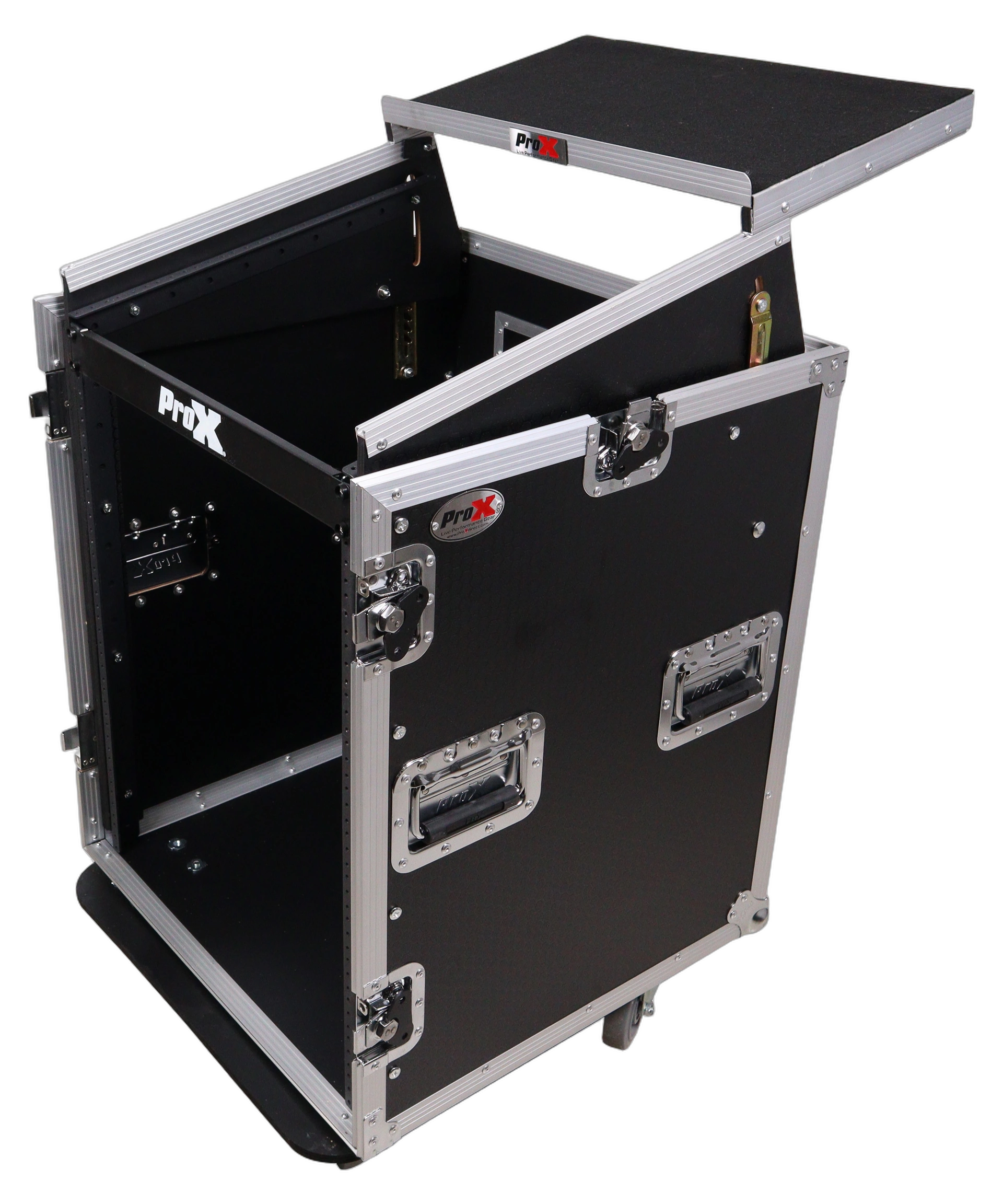 ProX 14U Vertical Rack Mount Flight Case with Casters ProX 14U vertical rack mount flight case with 10U top mixer combo amp rack, laptop shelf, and caster wheels side view