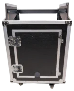ProX 14U vertical rack mount flight case with caster wheels, mixer and amplifier combo setup