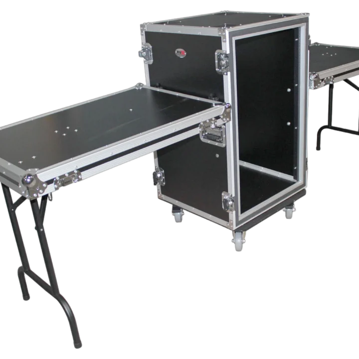 ProX 14U vertical shockproof amplifier rack case with dual side tables and casters, front view