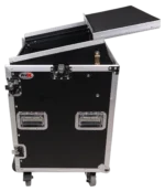 ProX 14U vertical rack mount flight case with 10U top, laptop shelf, and caster wheels in professional studio application