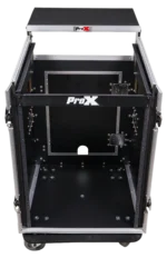 ProX 14U vertical rack mount flight case with 10U top mixer combo amp rack and laptop shelf featuring caster wheels