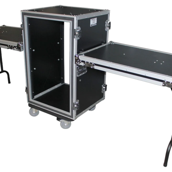 ProX 16U shockproof amp rack case with side tables and casters, front view