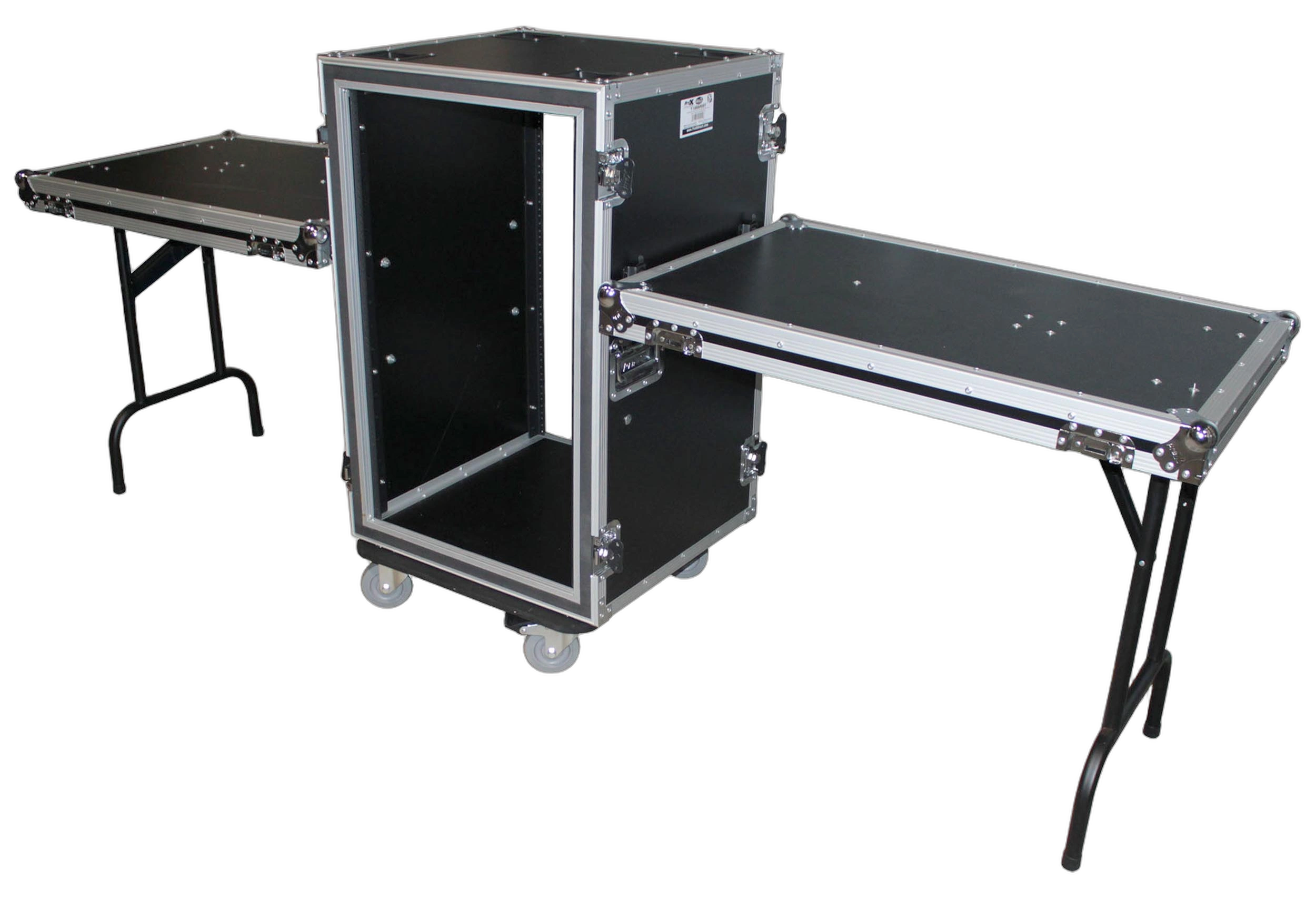ProX 16U Vertical Shockproof Amp Rack Case with Side Tables ProX 16U shockproof amp rack case with side tables and casters, front view