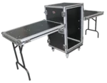 ProX 16U shockproof amp rack case with side tables and casters, side profile view