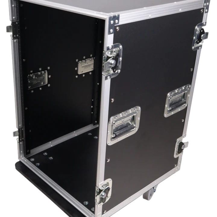 ProX 16U vertical amp rack mount flight case with heavy-duty caster wheels and reinforced corners