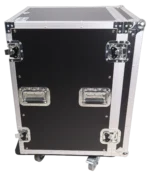ProX 16U vertical amp rack mount flight case with caster wheels in professional studio setting