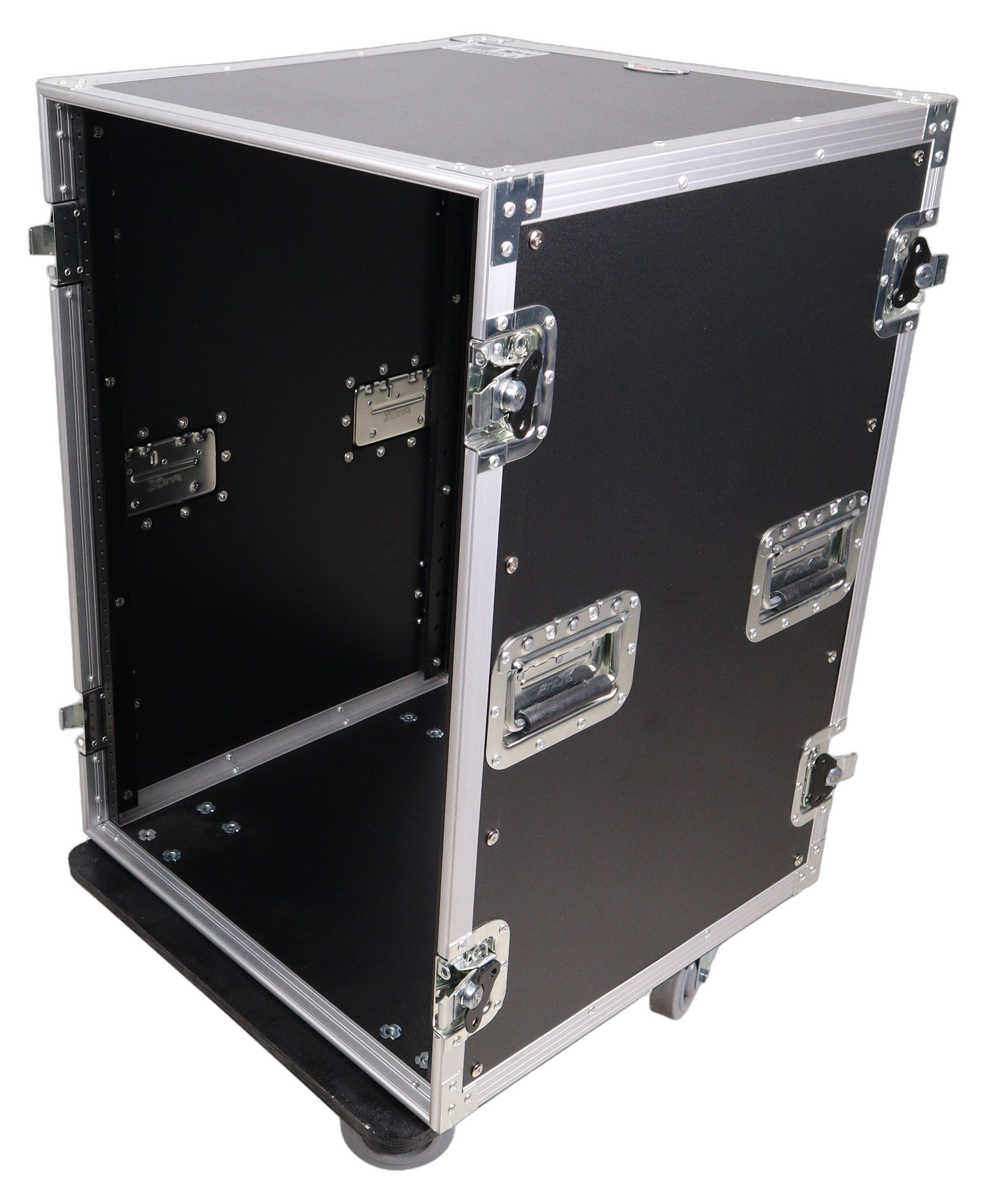 ProX 16U Vertical Amp Rack Mount Flight Case Casters ProX 16U vertical amp rack mount flight case with heavy-duty caster wheels and reinforced corners