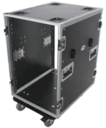 ProX 16U space amp rack mount ATA flight case with side tables and casters, front panel view