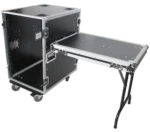 ProX 16U space amp rack mount ATA flight case with side tables and casters, side profile view