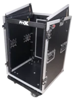 ProX 16U vertical rack mount flight case with laptop shelf, caster wheels, and combo amp rack configuration