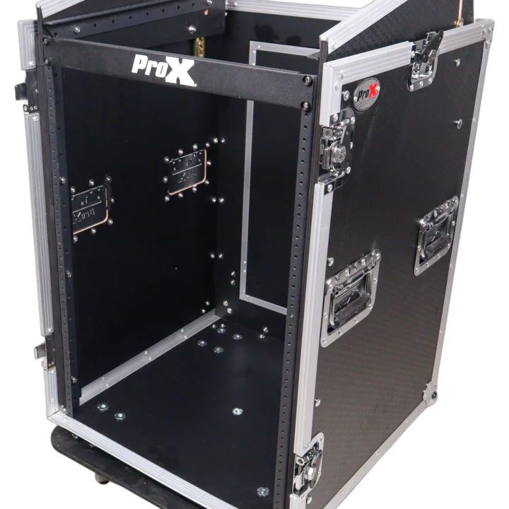 ProX 16U vertical rack mount flight case with laptop shelf, caster wheels, and combo amp rack configuration