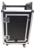 ProX 16U vertical rack mount flight case with caster wheels, mixer and amplifier combo setup