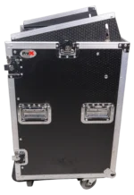 ProX 16U vertical rack mount flight case close-up detail showing caster wheel and hardware construction