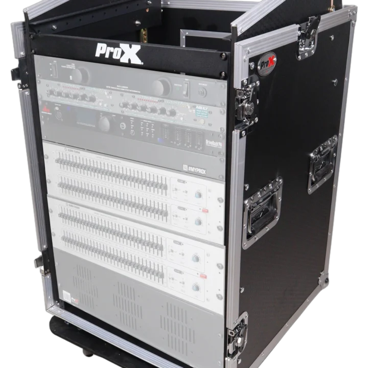 ProX 16U vertical rack mount flight case with caster wheels and top mixer combo amp compartment