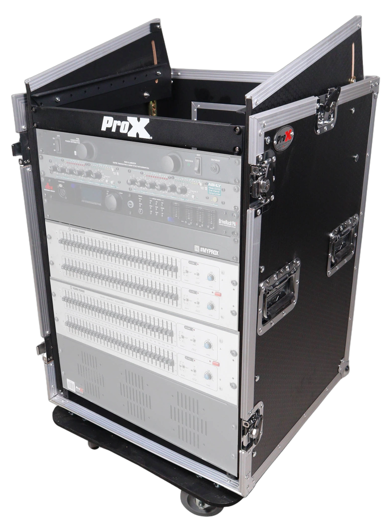 ProX 16U Vertical Rack Mount Flight Case Front View ProX 16U vertical rack mount flight case with caster wheels and top mixer combo amp compartment
