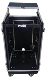 ProX 18U flight case rack mount with caster wheels and laptop shelf detail view