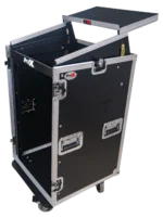 ProX 18U vertical rack mount flight case showing laptop shelf and caster wheel detail
