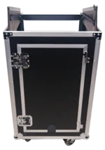 ProX 18U vertical rack mount flight case with caster wheels, mixer and amplifier installed in application setup