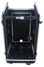 ProX 18U vertical rack mount flight case with caster wheels and top mixer combo amp rack compartment