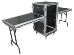 ProX 18U vertical shockproof rack case with side tables and casters, front view