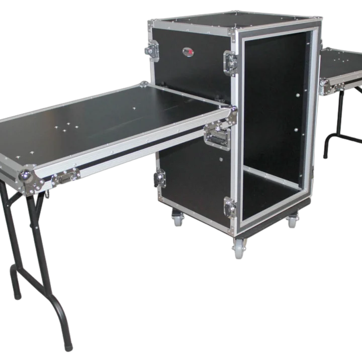 ProX 18U vertical shockproof rack case with side tables and casters, front view