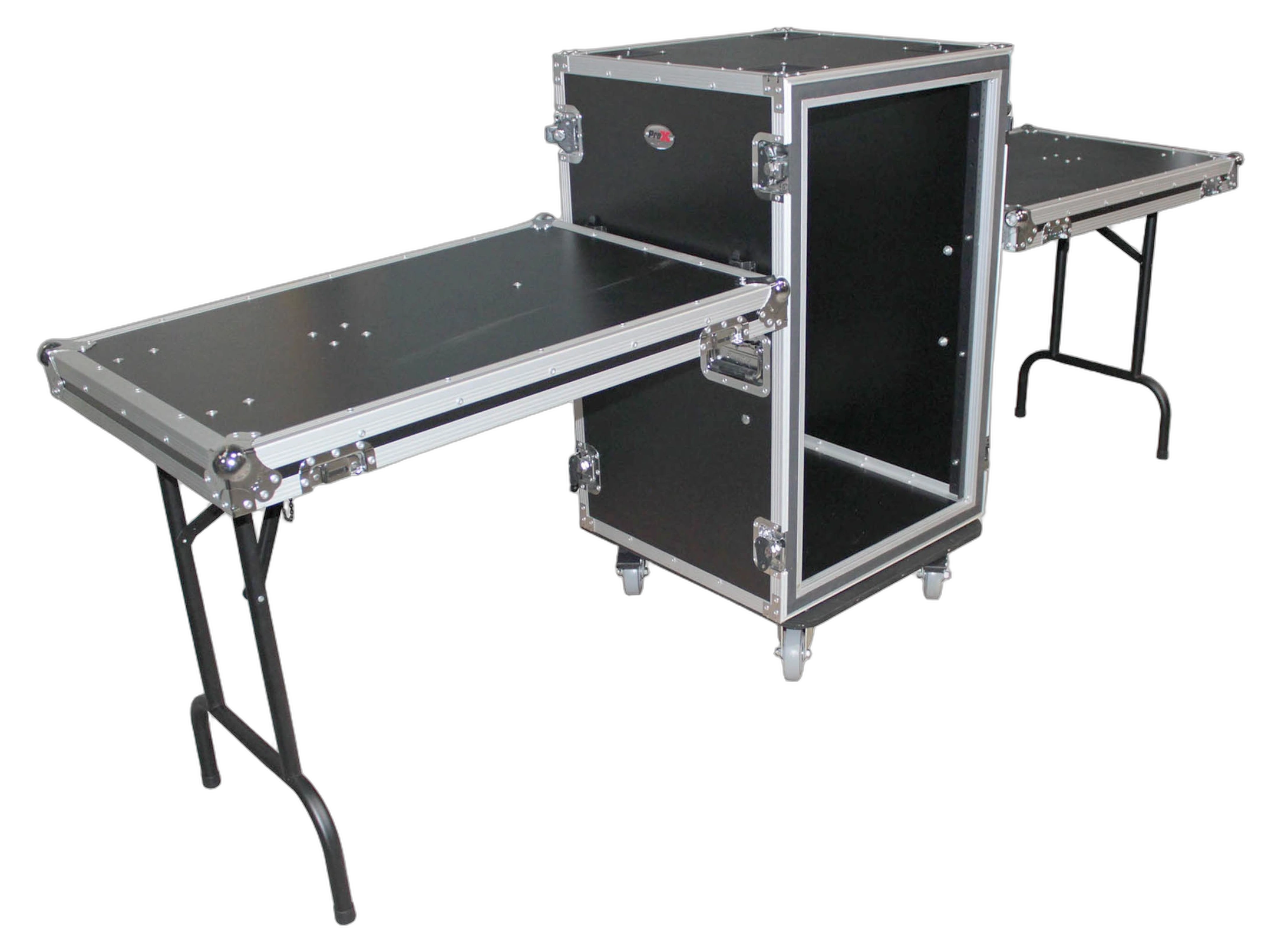 ProX 18U Vertical Shockproof Rack Case with Side Tables ProX 18U vertical shockproof rack case with side tables and casters, front view