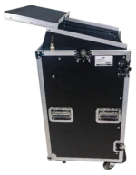 ProX 18U vertical rack mount flight case with 10U top section, mixer combo amp rack, laptop shelf, and caster wheels in professional studio application