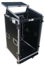 ProX 18U vertical rack mount flight case with 10U top mixer combo amp rack, laptop shelf, and caster wheels side view