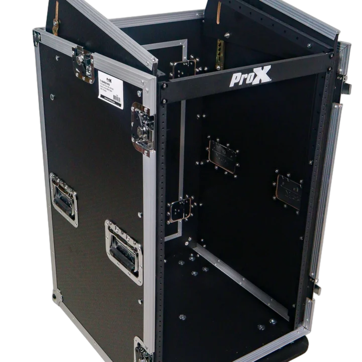 ProX 18U vertical rack mount flight case with 10U top mixer combo amp rack, laptop shelf, and caster wheels side view