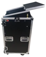 ProX 18U vertical rack mount flight case with caster wheels and laptop shelf, side profile view