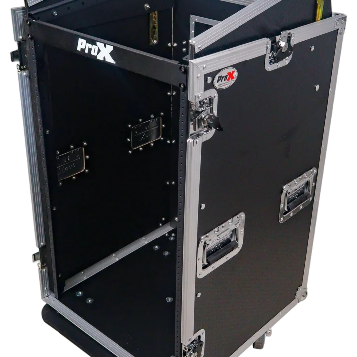 ProX 18U vertical rack mount flight case with caster wheels and top mixer combo amp compartment