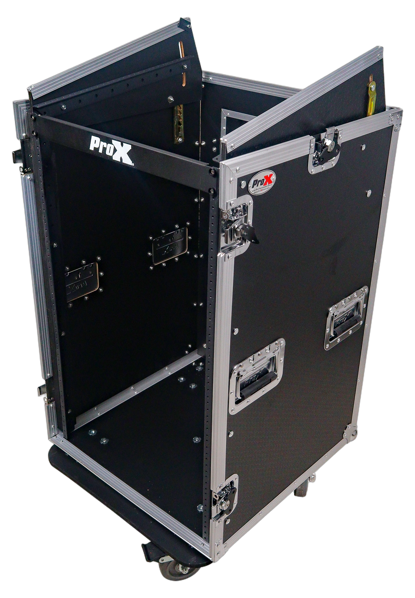 ProX 18U Vertical Rack Mount Flight Case with Casters ProX 18U vertical rack mount flight case with caster wheels and top mixer combo amp compartment