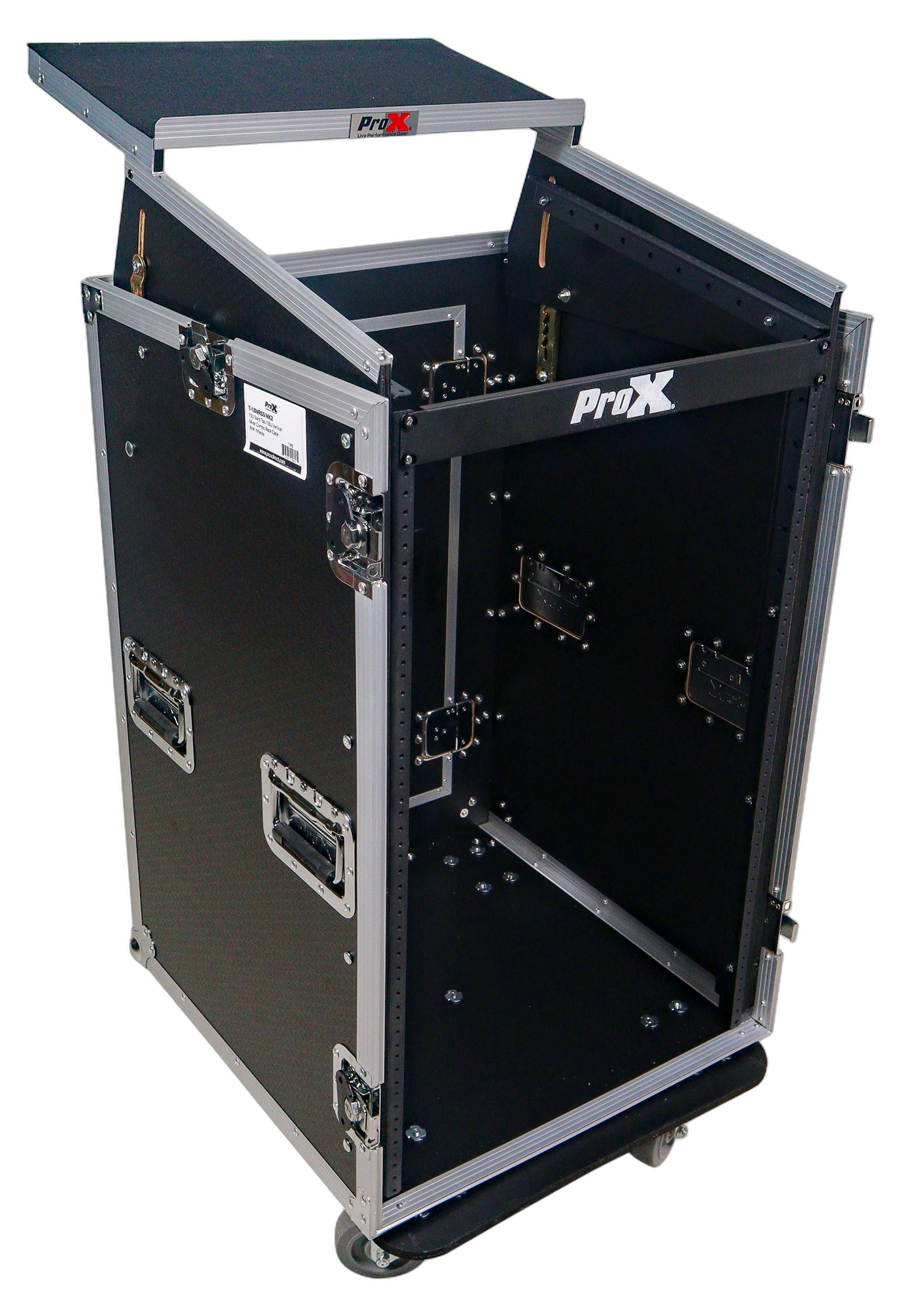 ProX 18U Vertical Rack Mount Flight Case with Casters ProX 18U vertical rack mount flight case with 10U top mixer combo amp rack, laptop shelf, and caster wheels side view